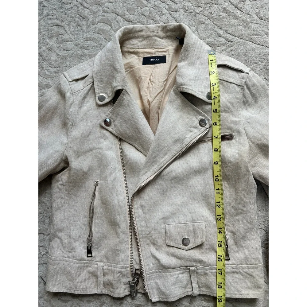 Theory Linen Moto Jacket Womens Medium Beige Lightweight Belted Biker